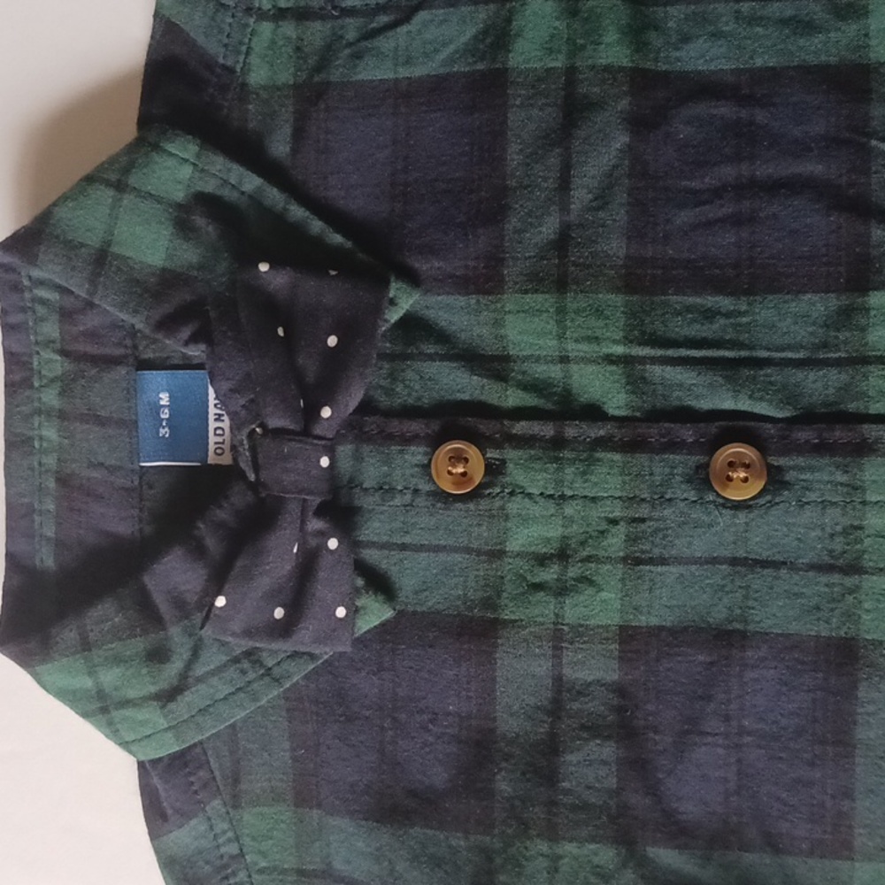 NWT Old Navy Baby Boy 5 Button Down Bow Tie Dress Shirt Green/Blue Plaid Sz 3/6